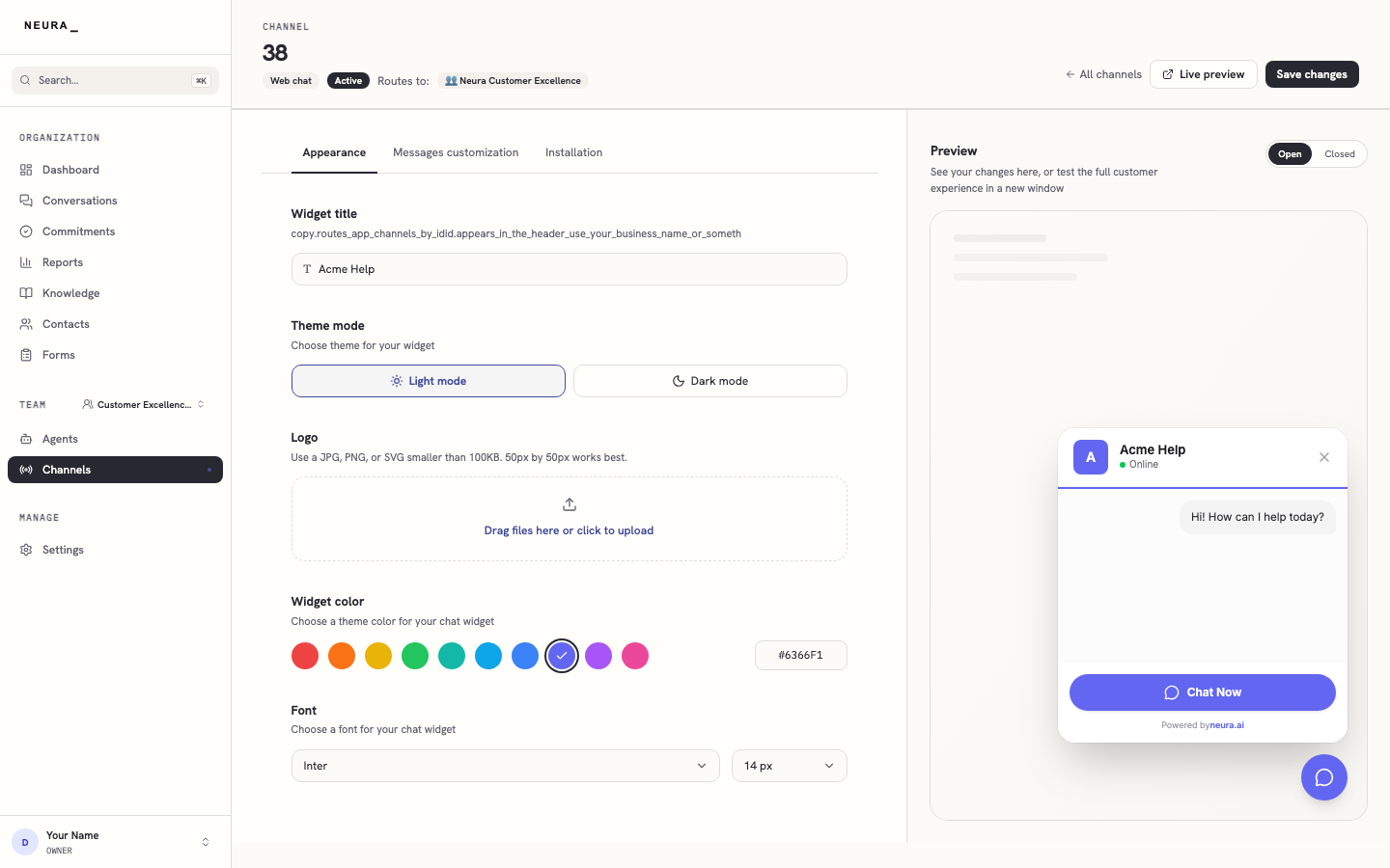 Step 9 — New channel settings page