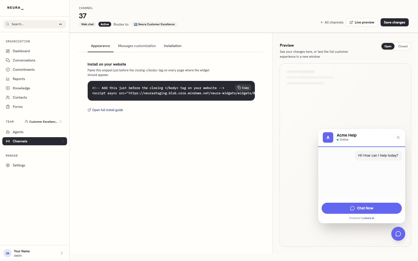 Step 5 — Open the Installation tab to copy the embed snippet for your site.