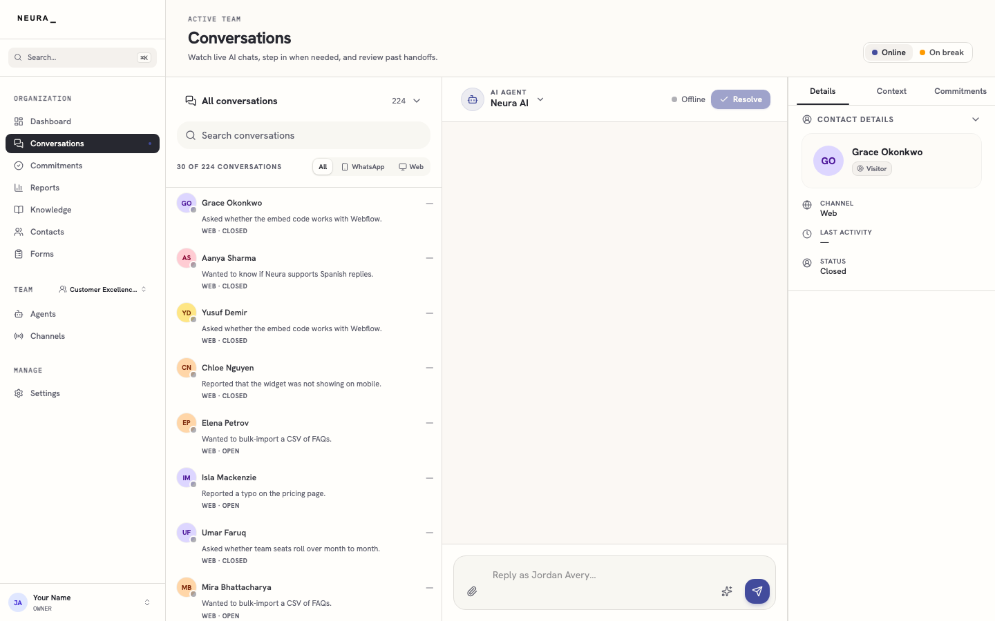 Step 3 — Browse the inbox, filtering by channel or status if you like.